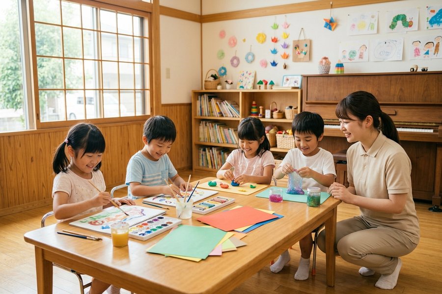 テーブルを囲み、絵の具やスライム、粘土で制作する子どもたちと職員