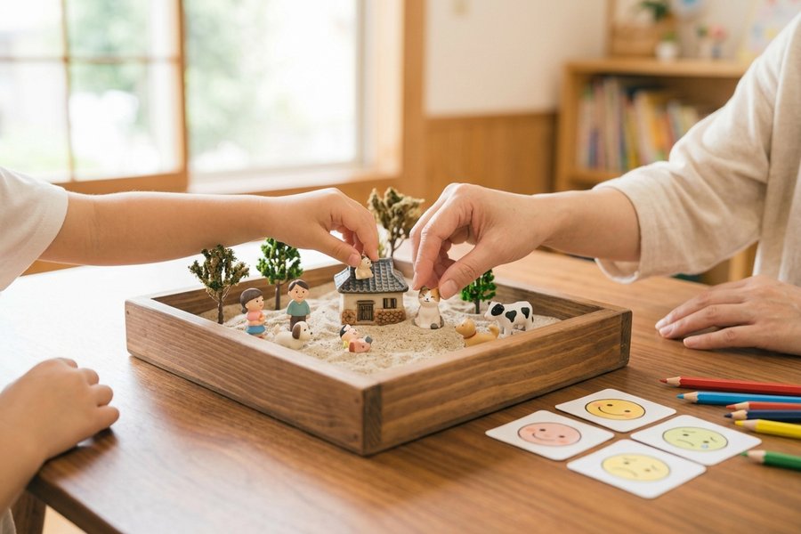 木のテーブルで、子どもと大人が箱庭に人形をそっと置く手元
