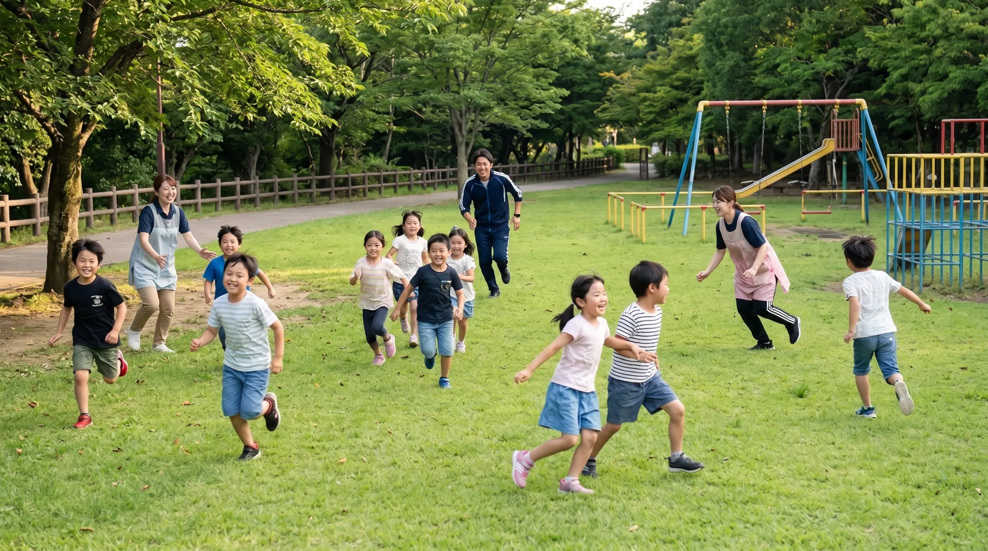 公園の芝生で遊ぶ子どもたちと職員