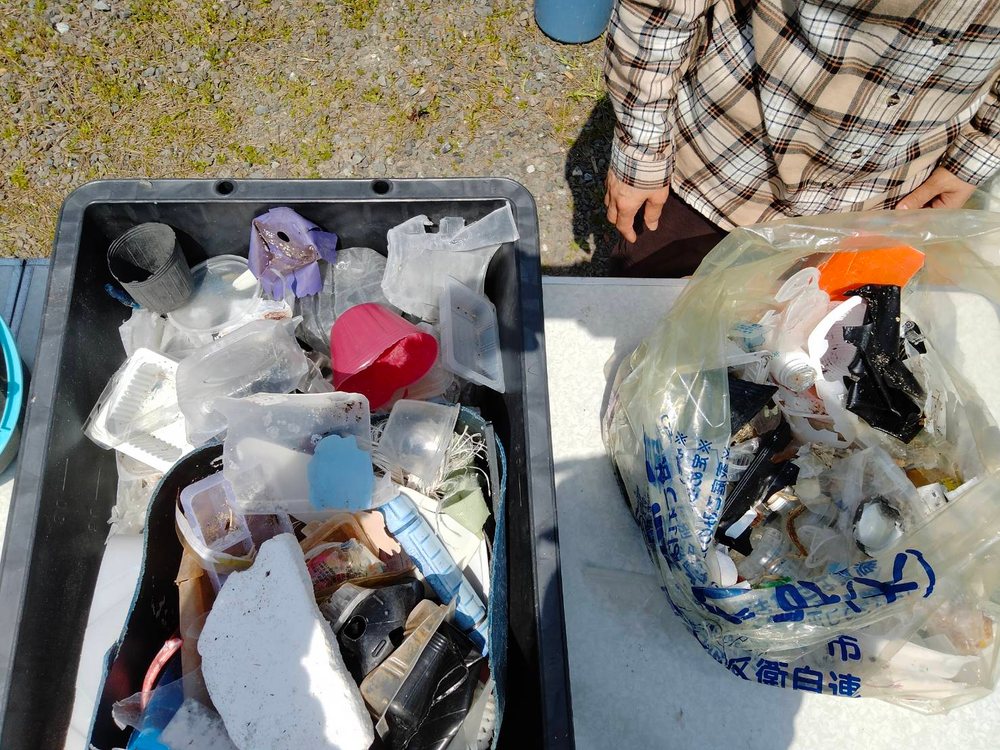 持ち帰ったプラスチックごみを、容器と袋に分けたところ