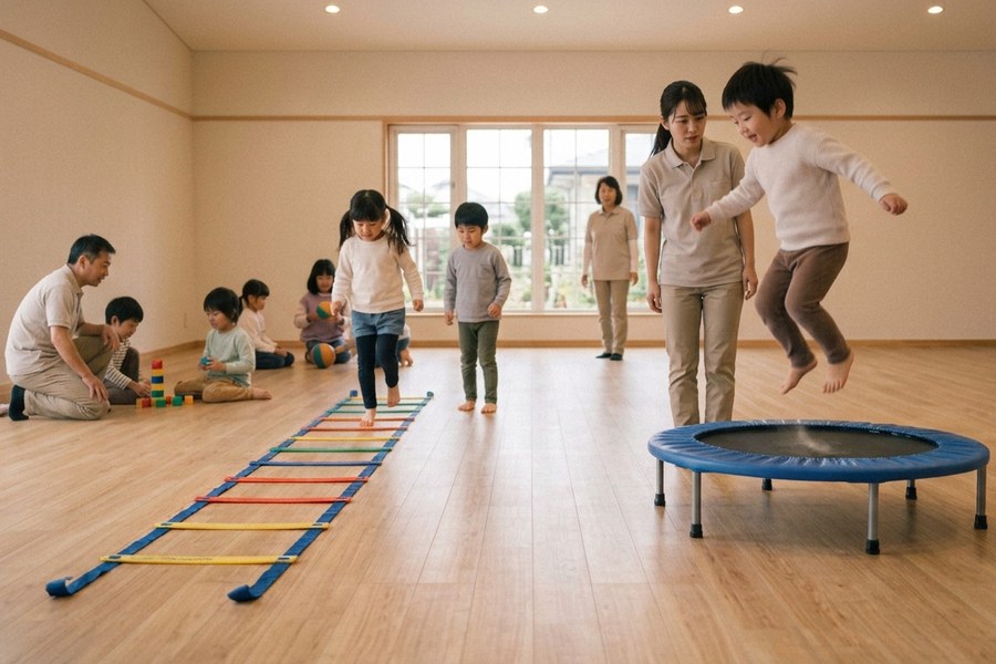 室内で、ラダーを渡る子どもと、トランポリンで跳ぶ子ども