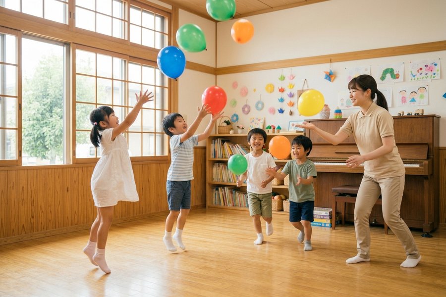室内で、風船を手で打ち上げて追いかける子どもたちと職員