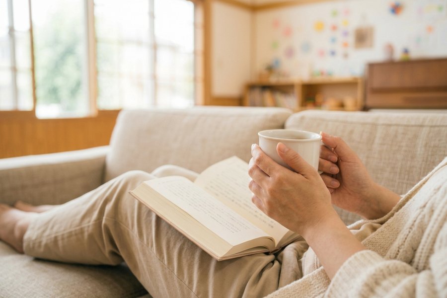 ソファでくつろぎ、マグカップを両手で持って本を読む人の手元